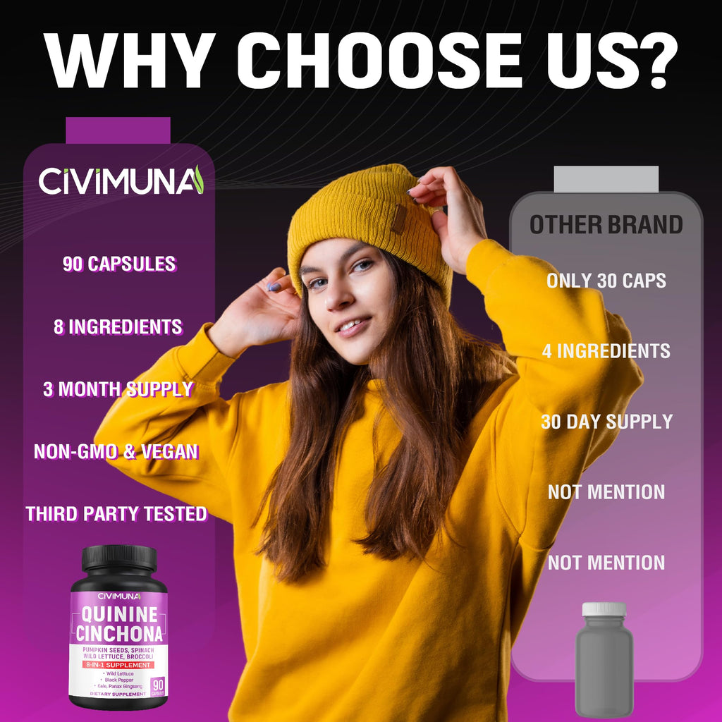 CIVIMUNA Quinine Cinchona Bark Capsules with Quinine Cinchona Bark, Pumpkin Seeds, Spinach and More - 90 Capsules for 3 Months Supply