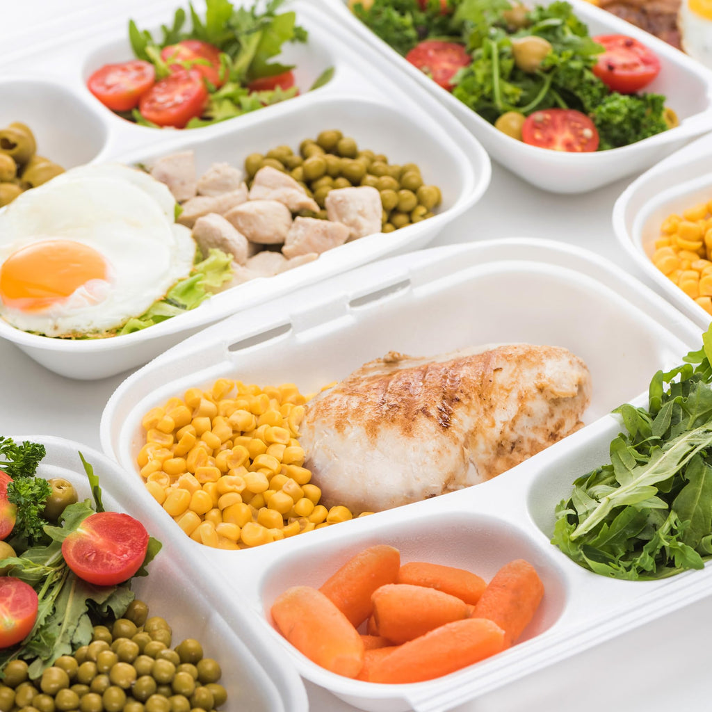Freshware Clamshell Food Containers with Lids [9x9"] 3-Compartment 50-Pack, Disposable To Go Containers, Biodegradable Sugarcane To Go Boxes - Paper Containers - Microwave & Freezer Safe, Stackable