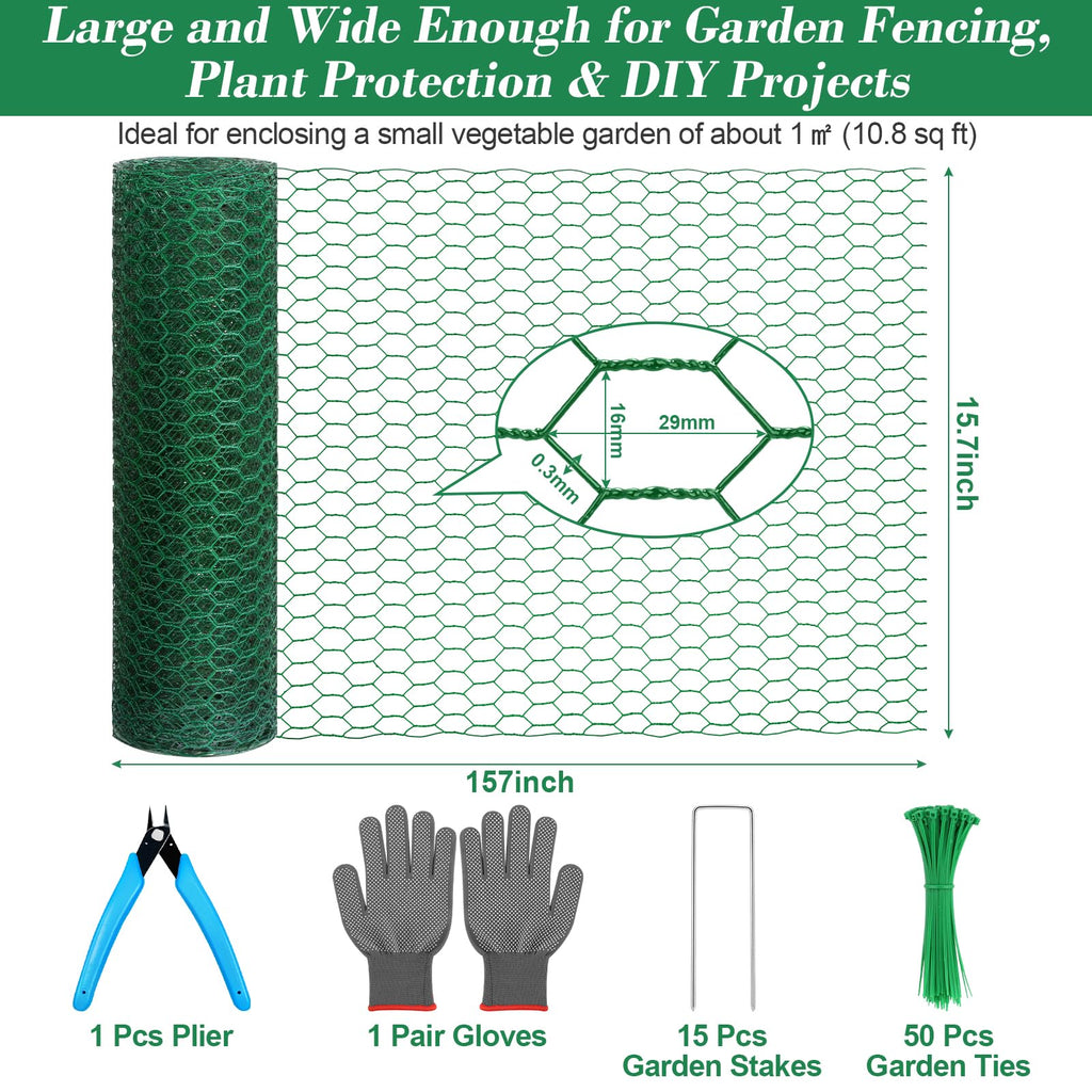 Lucomb Plant Protectors from Animals 15.7 x 157 in Green Chicken Wire Plant Cages for Outdoor Plants, Hexagonal Wire Plant Protector with Ground Stakes, Pliers, Garden Protection from Animals