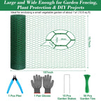Lucomb Plant Protectors from Animals 15.7 x 157 in Green Chicken Wire Plant Cages for Outdoor Plants, Hexagonal Wire Plant Protector with Ground Stakes, Pliers, Garden Protection from Animals