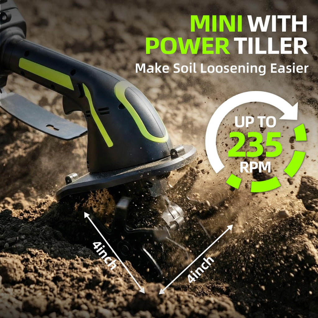 GARDTECH 2-in-1 Cordless Tiller Cultivator, 235RPM Powered Tiller with 3.5ft Extension Pole, 2×2.0Ah Rechargeable Batteries, 4-Inch Tilling Width & Depth, Mini Powerful Tiller for Gardening, Lawn