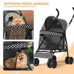Magshion Compact Pet Stroller for Small-Medium Dogs/Cats up to 22lbs, 4-Wheel Lightweight Umbrella Shaped Portable Puppy Travel Jogger with Breathable Mesh, Cup Holder & Rear Storage, Black Polka Dots