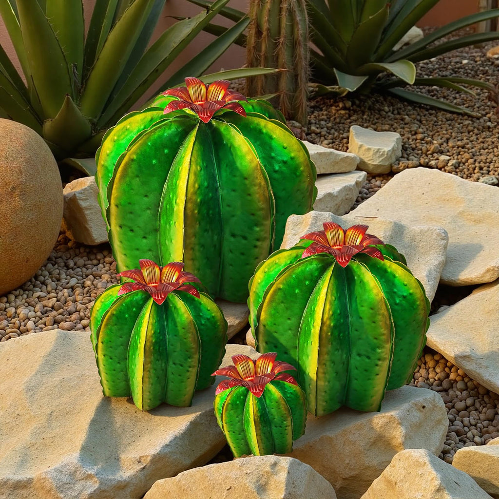inihpocv 4-Piece Metal Barrel Cactus Yard Art Set
