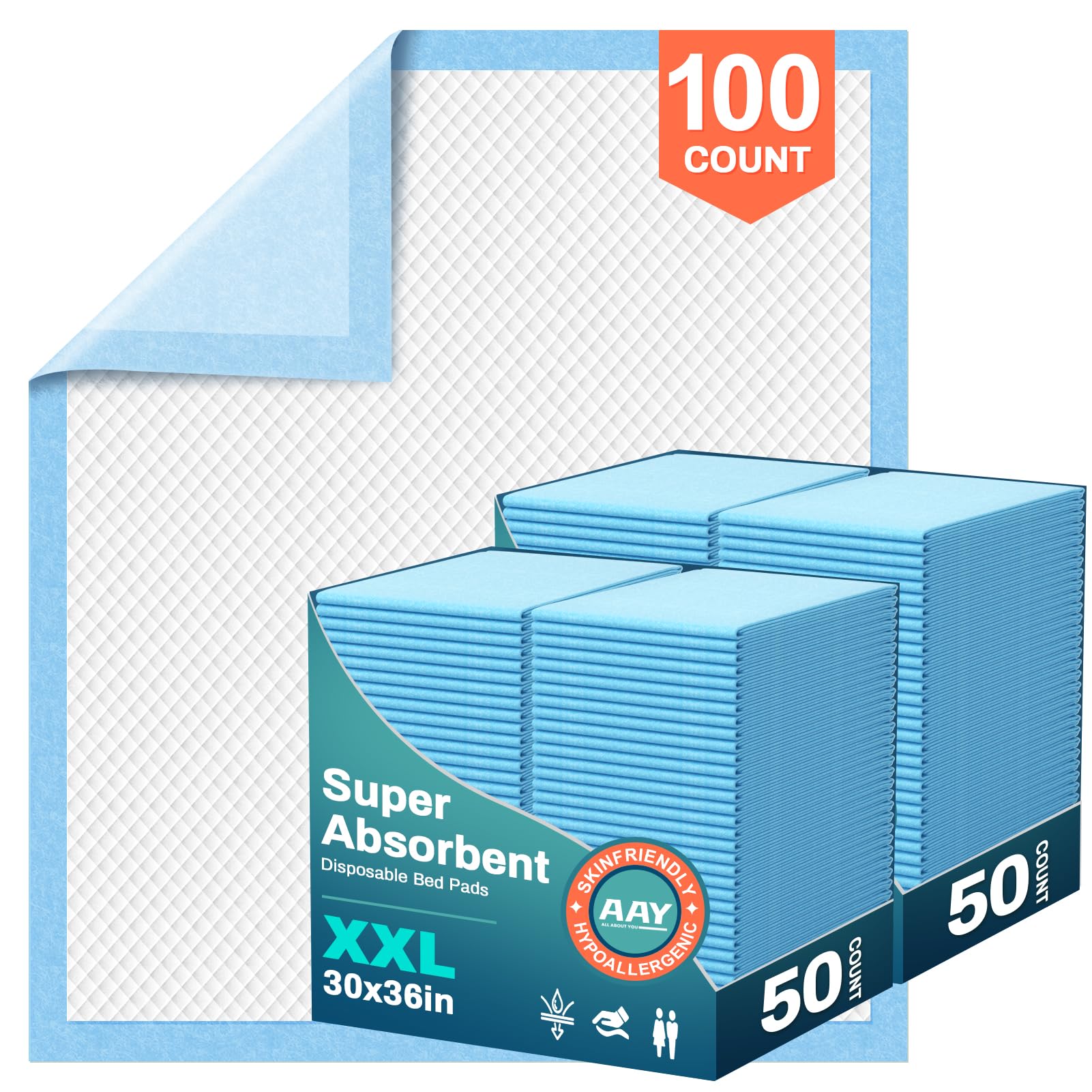 AAY Bed Pads Disposable 30" x 36" (100 Count), Extra Large Super Absorbency Disposable Underpads for Incontinence, Premium Leakproof Protective Chucks Pee Pads for Adult, Kids, Puppy Training