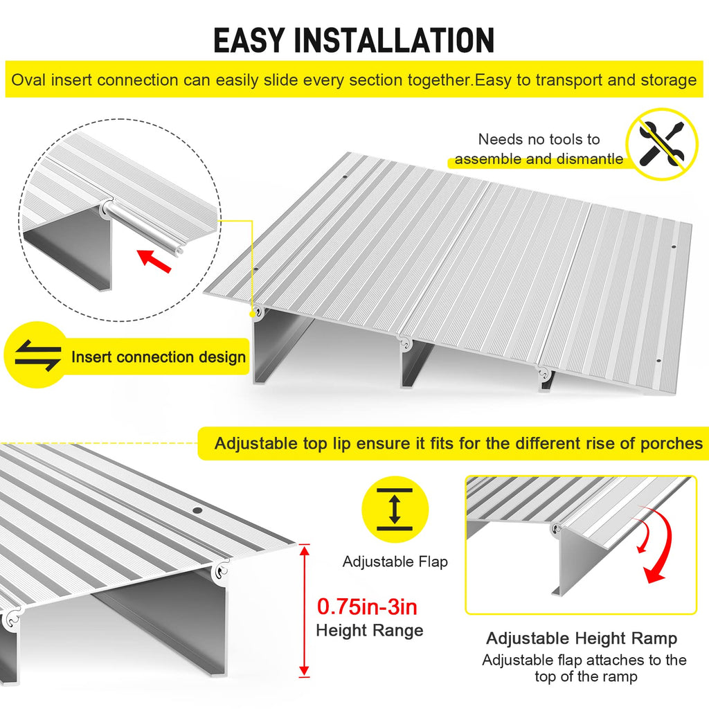 Door Threshold Ramp 3" Rise Door Ramp Aluminum Entry Ramp or Doorways Rated 800 lbs Load Capacity forWheelchair Scooters Power Chairs Walkers Metallic