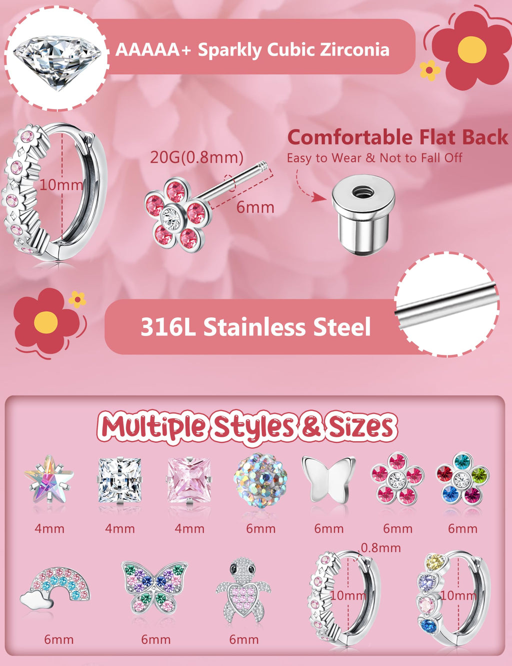FIASASO Hypoallergenic Surgical Stainless Steel Earrings for Girls Kids Women - 12 Pair Screw Back Earrings for Sensitive Ears Cute Flower Butterfly Toddler Stud Hoop Earings Screwback Girl