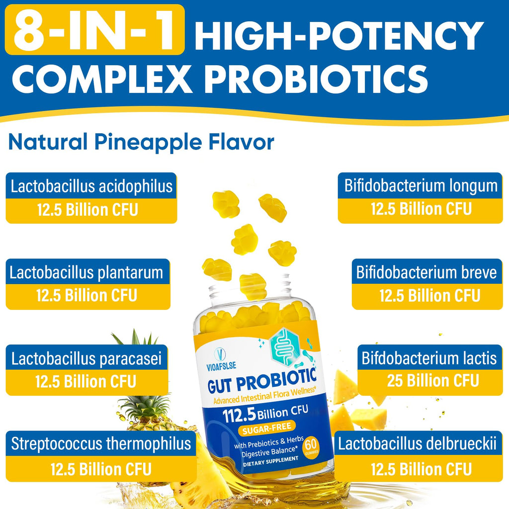 Gut Health & Probiotic Gummies, 112.5 Billion CFU, Sugar Free - 8 Strains + Prebiotics + Herbs - for Digestive, Immune, Diarrhea & Bloating - Gut Health for Women & Men, 60 Counts Probiotics Gummies