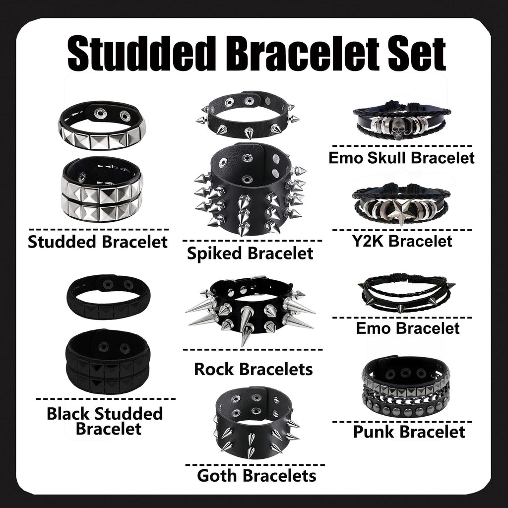 YMO 12 Pieces Spiked Bracelets, Studded Bracelet Emo Bracelets Black Leather Cuff Rivet Gothic Goth Punk Bracelet Punk Accessories for Women Men