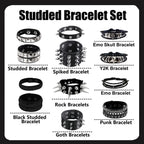 YMO 12 Pieces Spiked Bracelets, Studded Bracelet Emo Bracelets Black Leather Cuff Rivet Gothic Goth Punk Bracelet Punk Accessories for Women Men