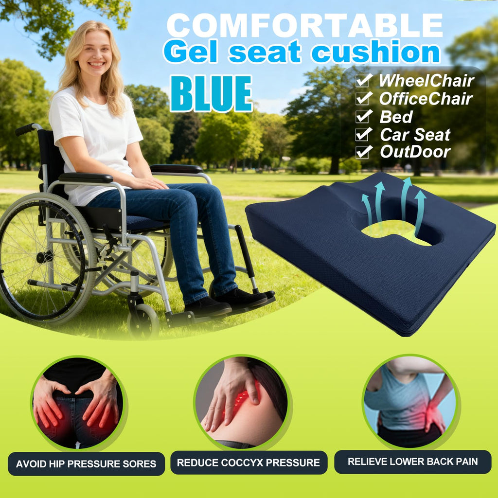 FoKon Gel Wheelchair Seat Cushion,Bed Sore Cushions for Butt,hemorrhoid Pillow,Sciatica,Back,Coccyx,Pressure Sore/Ulcer Pain Relief Butt Pillow,Ergonomic Chair Cushion, Anti-Slip&Washable Cover(Blue)