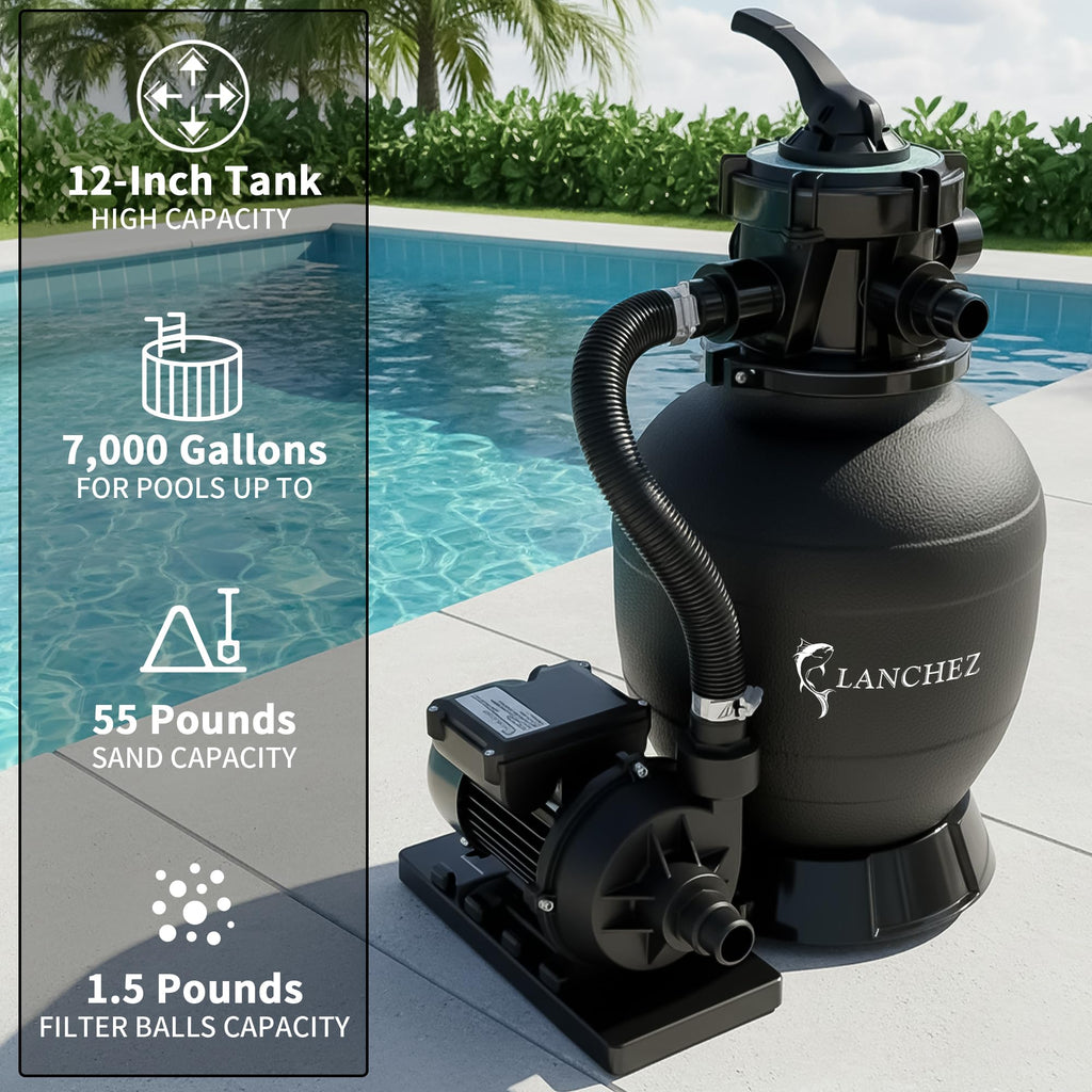 LANCHEZ Sand Filter Pump for Above Ground Pool, Pool Pumps Above Ground, Pool Sand Filter with 7-Way Valve, 12in