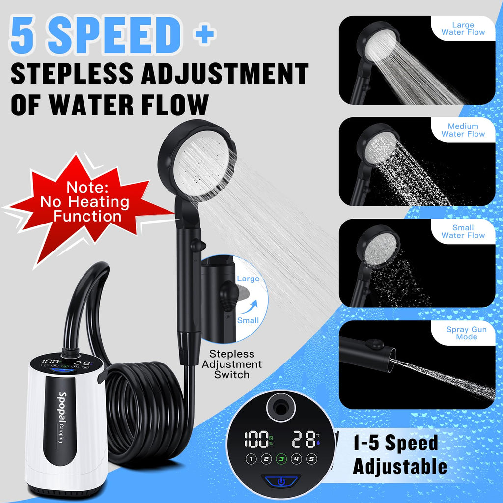 Spopal Portable Shower for Camping, [Upgraded] 10000mAh Rechargeable Camping Shower with 5 Adjustable Speeds,Premium LED Display, IPX8 Waterproof Outdoor Shower Kit for Hiking, Car, Pet, Travel (W)