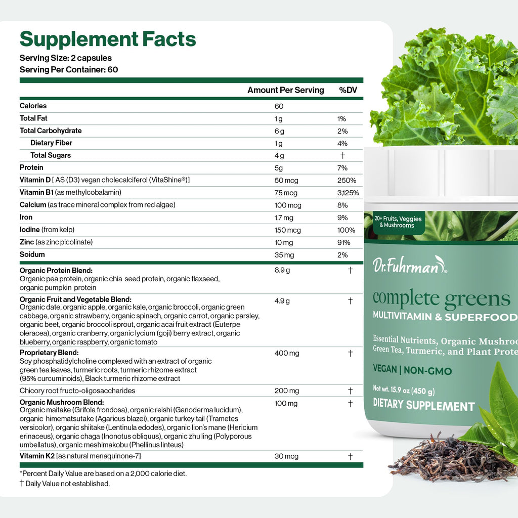 Dr. Fuhrman Whole Food Greens Powder | Premium Greens Superfood Powder Multivitamin | Plant Based Protein for Immune Support & Gut Health | Organic Mushrooms, Greens, & Turmeric | Vitamin B12, D3, K2
