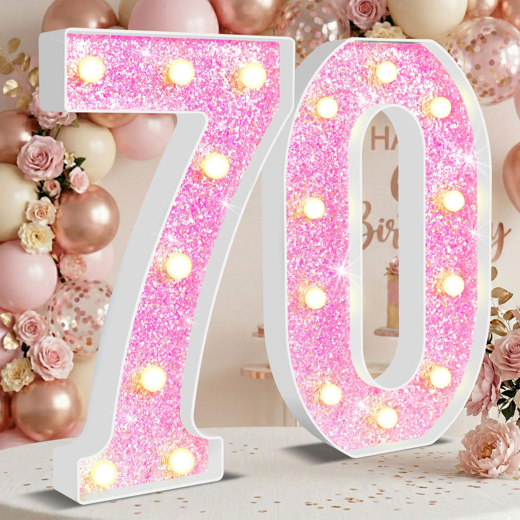 NANXU 12.6 Inch LED Pink Marquee Light Up Numbers, Sweet 70th Birthday Decorations Number Lights as Gifts for Women, Glitter Lighted Marquee Numbers for Pink Anniversary Party Table Decor, 70