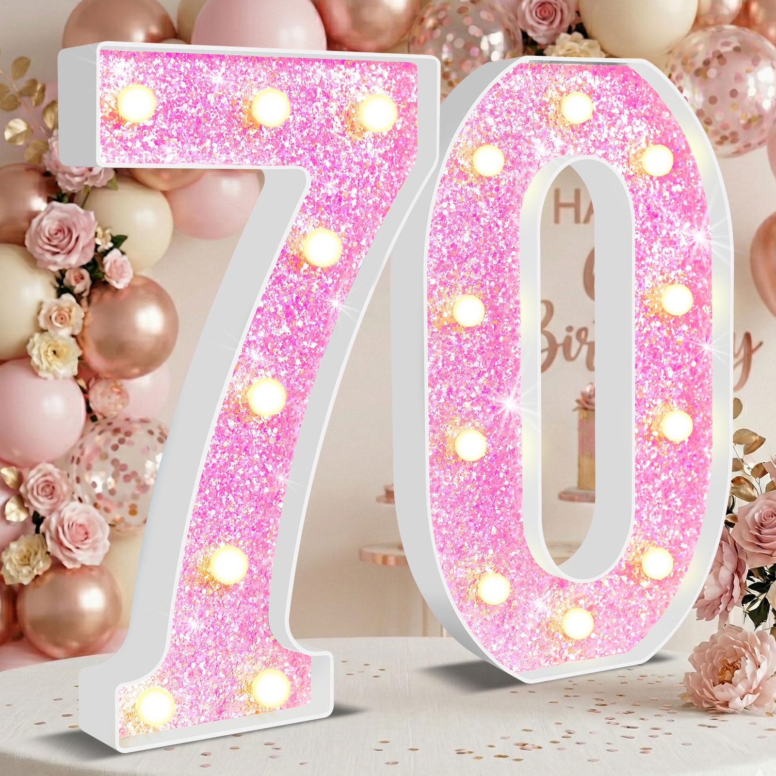 NANXU 12.6 Inch LED Pink Marquee Light Up Numbers, Sweet 70th Birthday Decorations Number Lights as Gifts for Women, Glitter Lighted Marquee Numbers for Pink Anniversary Party Table Decor, 70