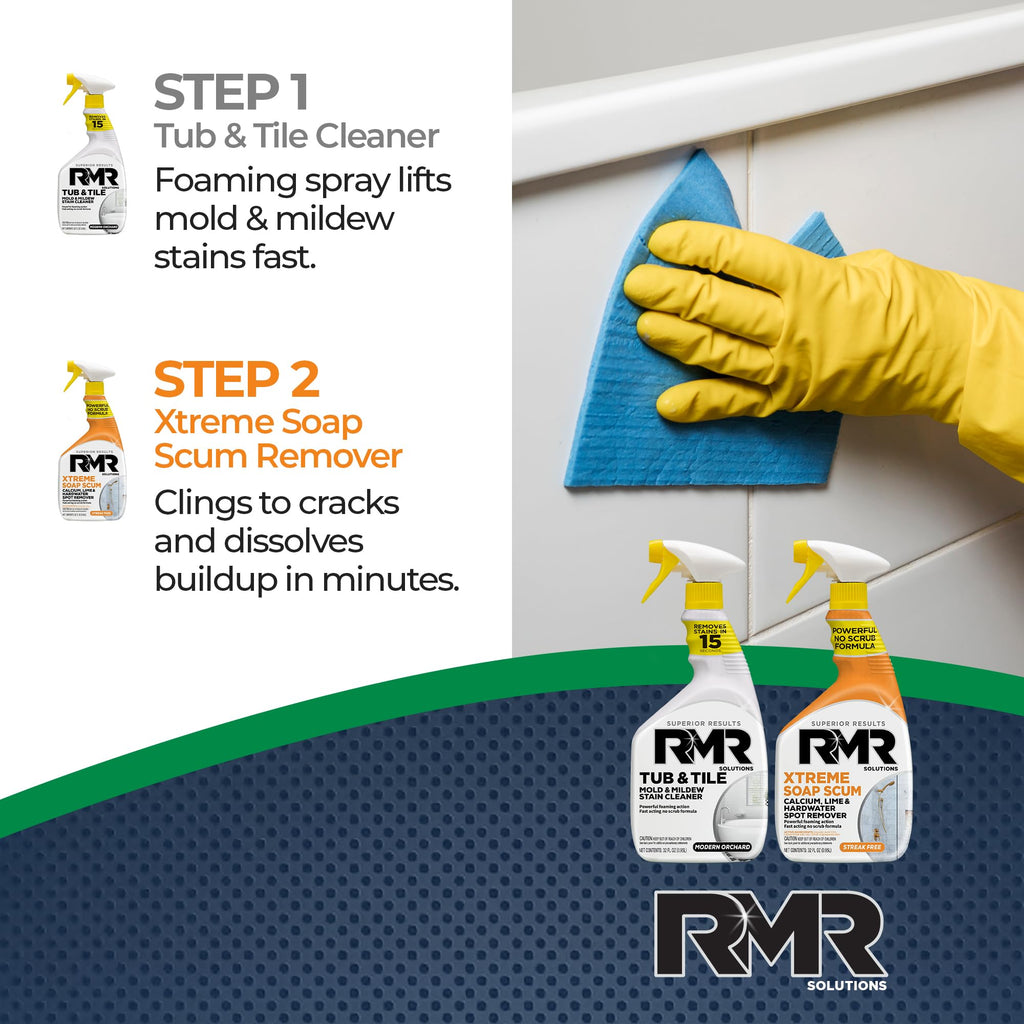 RMR Bathroom Breakthrough Bundle – Tub & Tile Cleaner + Xtreme Soap Scum Remover, 2-Step Deep Clean System for Shower, Tub, Tile, Grout, & Glass Buildup, Stains, & Grime, 2–32 Oz Bottles