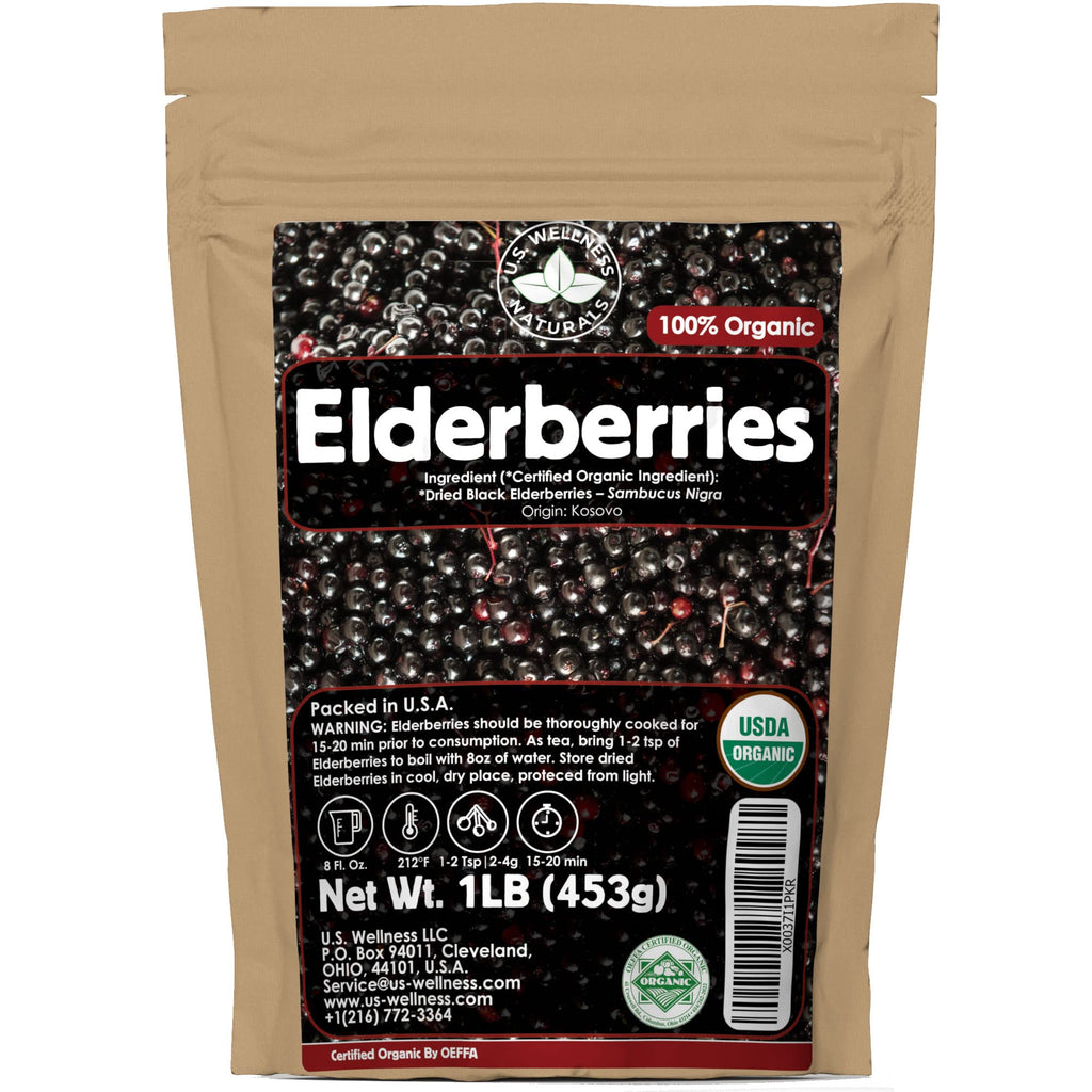 U.S. Wellness Naturals Elderberries – 1lb (Real Wild Harvest) | 100% USDA Certified Organic | Bulk Black Dried Elderberry | for Making Elder Syrup, Gummies, Tea - Raw Vegan Sambucus Nigra