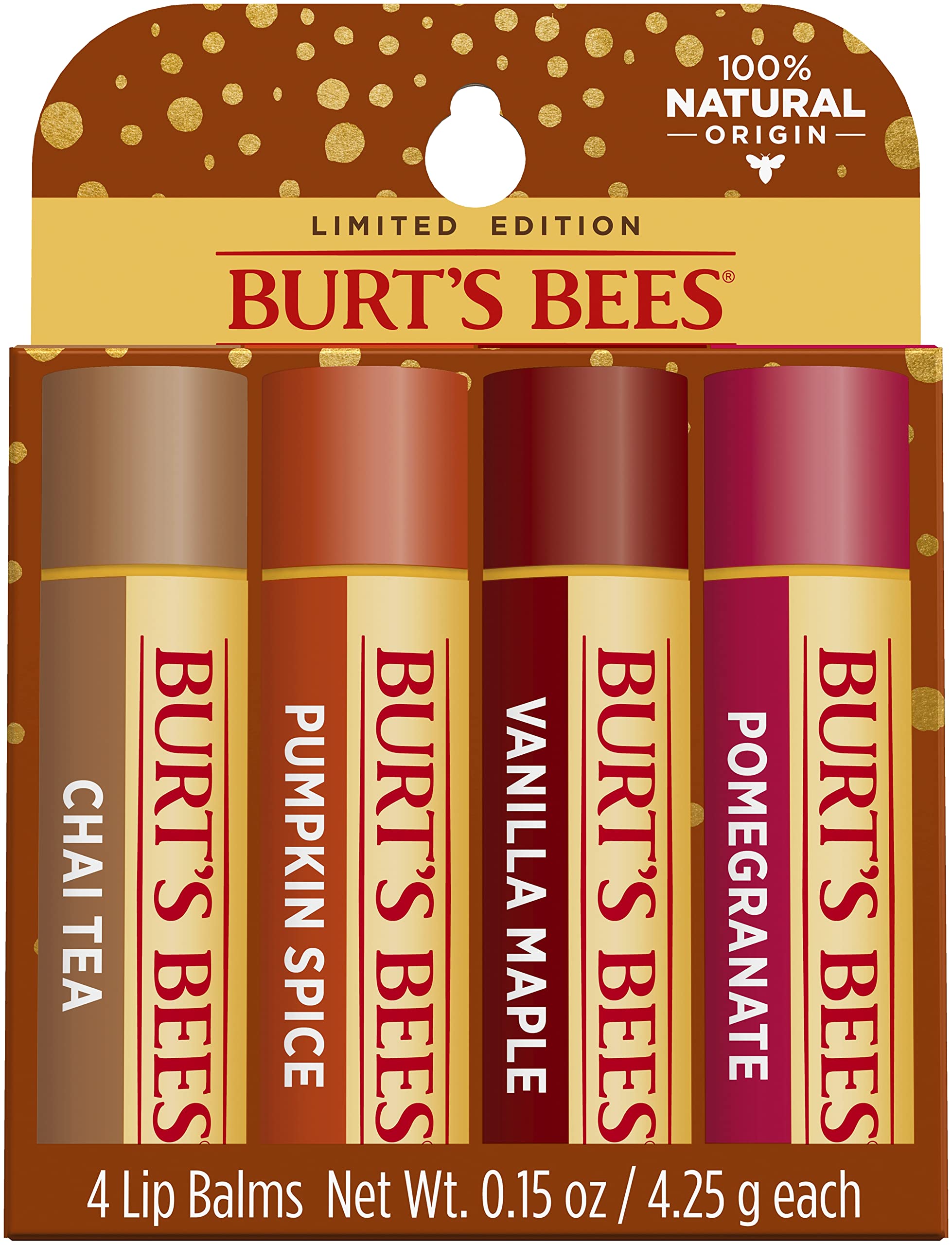Burts Bees 100% Natural Moisturizing Lip Balm, Winter Variety Pack, Chai Tea, Pumpkin Spice, Vanilla Maple, Pomegranate, 4 Tubes of Lip Balm, 0.15 Ounce (Pack of 4)