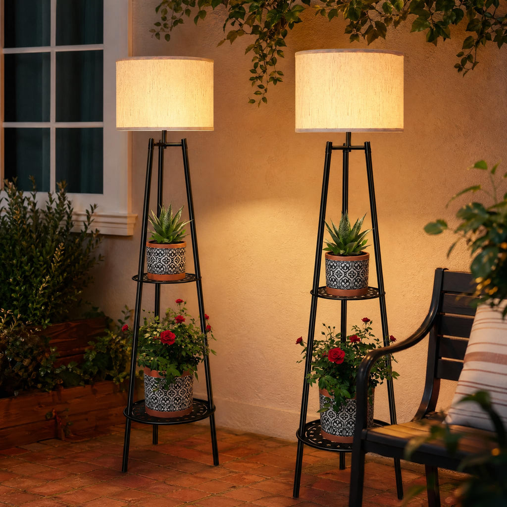 VISFLAIR Outdoor Solar Floor Lamp with 2-Tier Plant Stand, Cordless 46'' Tall Standing Patio Light with White Shade & Edison Bulb, Waterproof Metal Display Shelf for Porch, Deck, Balcony Garden Decor