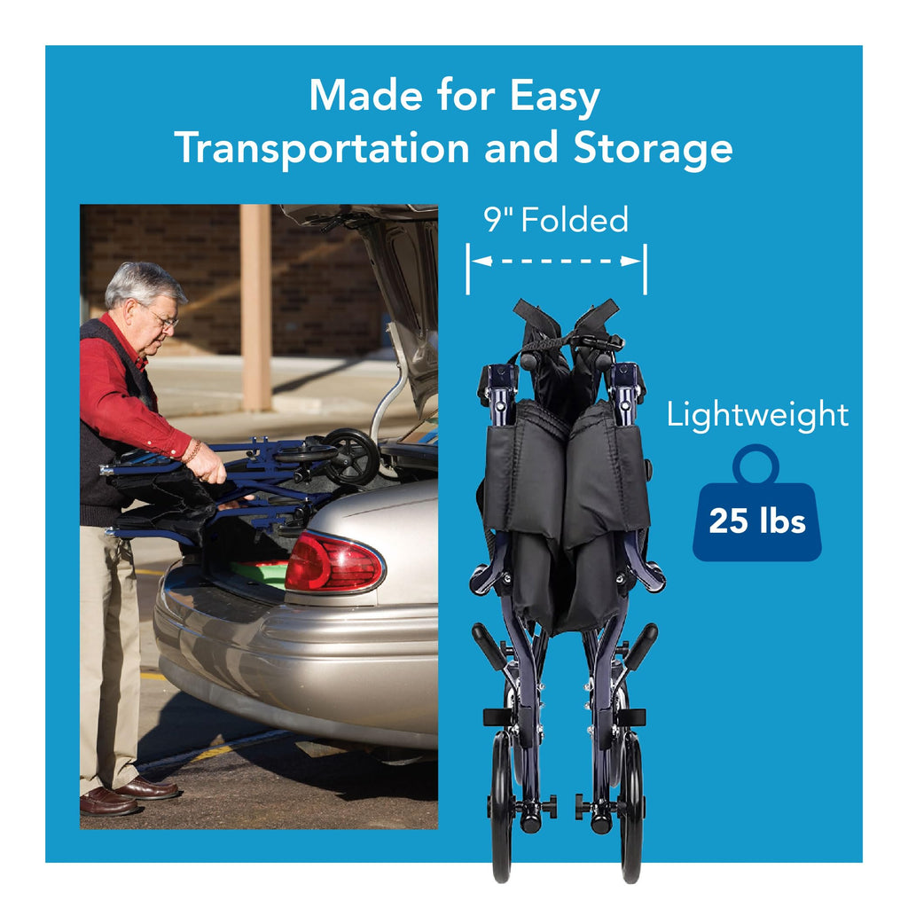 Carex Transport Wheelchair With 19 inch Seat, Folding Transport Chair with Foot Rests, Foldable Lightweight Wheelchair Foldable for Storage and Travel