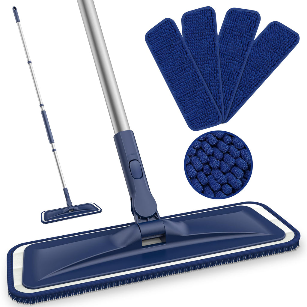 Microfiber Mops for Floor Cleaning - BPAWA Flat Floor Mop Wet Dry Use for Hardwood Floors Laminate Wood Tile Vinyl Wall Hard Surface, Bathroom Kitchen Dust Mop with 4 Reusable Washable Chenille Pads