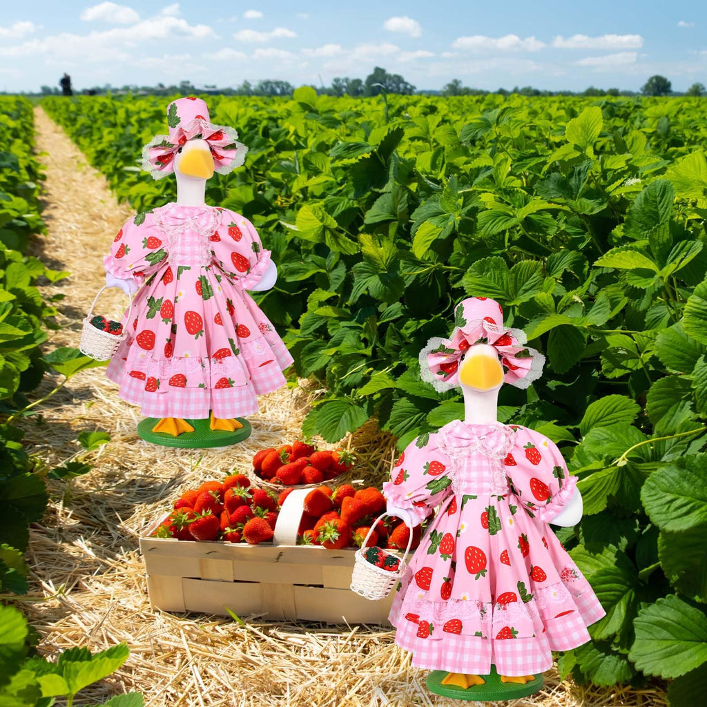 Strawberry Porch Goose Outfits Summer Lolita Goose Outfit Cute Lawn Goose Clothes with Hat Basket Strawberry Geese Accessories Fits 23" Cement Plastic Goose Statue for Outdoor Garden Yard Patio Decor