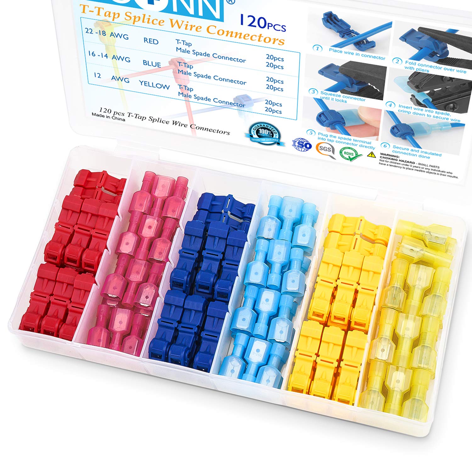 TICONN T Tap Wire Connectors, T Wire Quick Splice Connector, T Connectors for Wiring with Storage Case (120 Pcs)