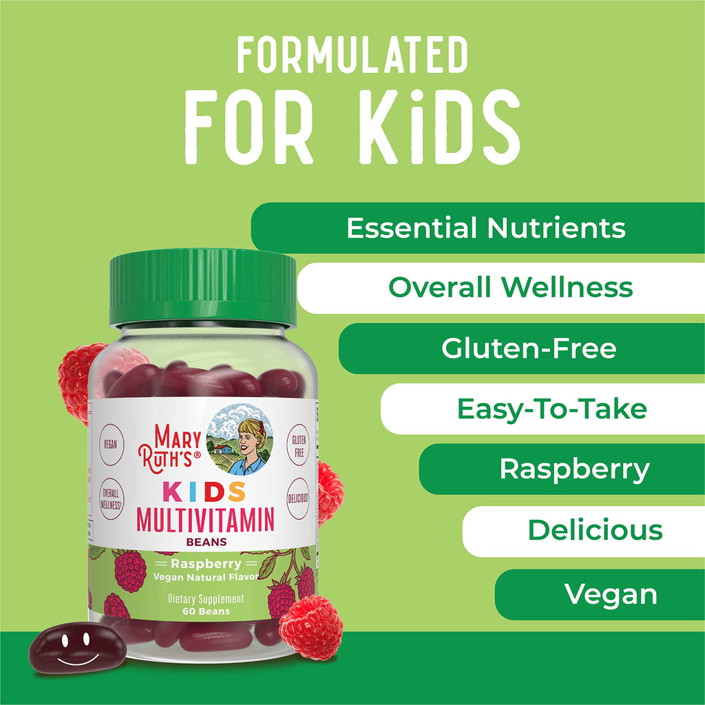 MaryRuth Organics Multivitamin Multimineral Vita-Beans for Kids | Vegan Chewable Vitamins for Ages 4+ | Immune Support | Bone Health | Raspberry Flavor | 60 Count