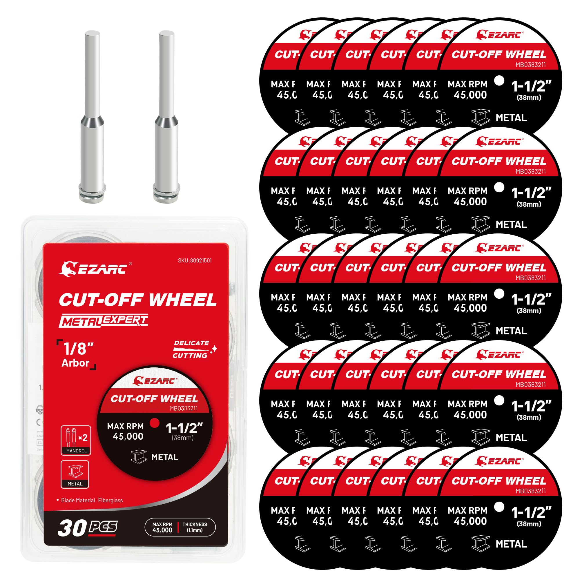 EZARC 1-1/2 Cut Off Wheels, 1.5" x 1/8" Fiberglass Reinforced Rotary Tool Cutting Disc Accessories Include Mandrels, 32-Pack