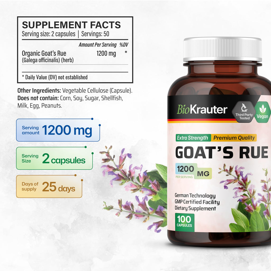 BIO KRAUTER® Goats Rue for Breastfeeding - Pure Vegan Lactation Supplement - Goat’s Rue 100 Capsules 1200 mg per Serving - Natural Supplements for Women - No Fillers, Non-GMO, 25-Day Supply