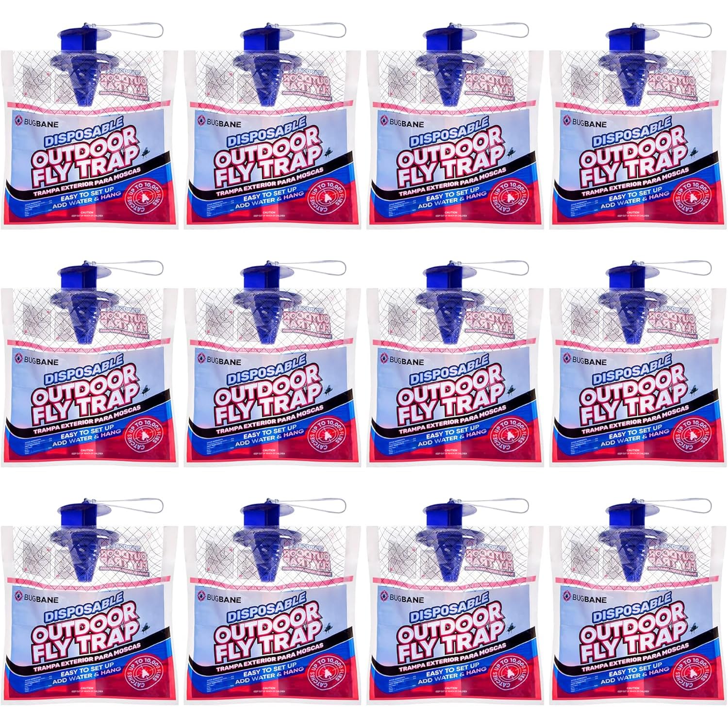 Fly Traps Outdoor Fly Trap for Patio. 12 Non-Toxic Pre-Baited Flies Bags Outdoor Disposable. Hanging Bug Catchers for All Filth Flies Killer for Outside Bug Control in Yard Horse Ranch Trash Can