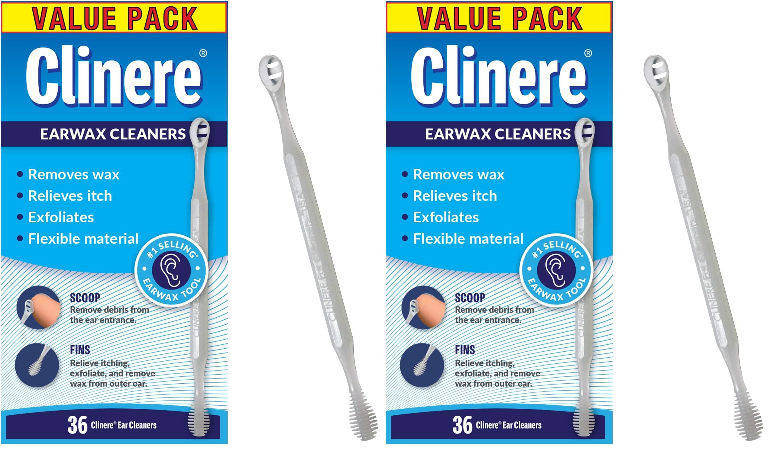 Clinere Ear Cleaners, Gentle Canal Cleaning and Ear Wax Removal Tool, Itch Relief, Exfoliates, 36 Count (Pack of 2)