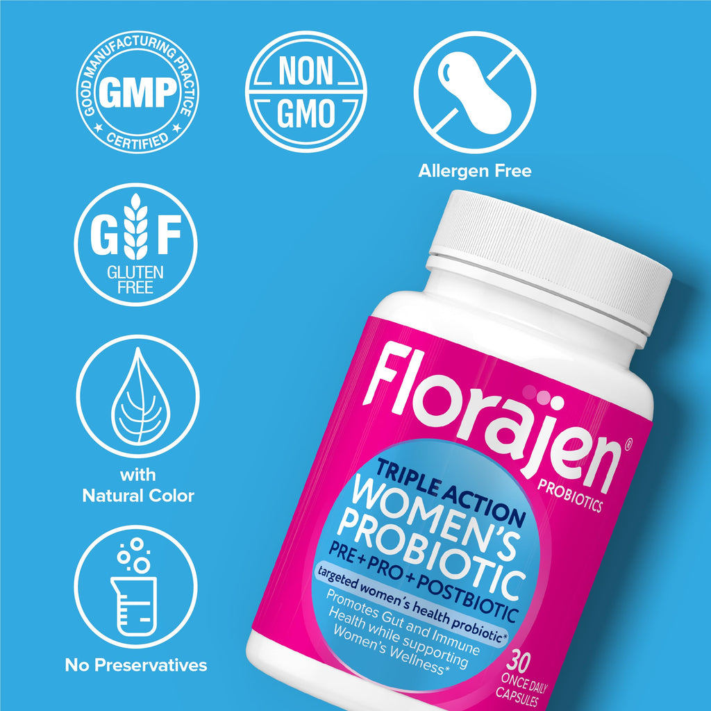 Florajen Women's Complete Triple-Action Prebiotic + Probiotic + Postbiotic for Digestive & Immune Support, Fast-Acting Relief from Constipation & Bloating, Gluten-Free, Vegan, Non-GMO, 30-Count