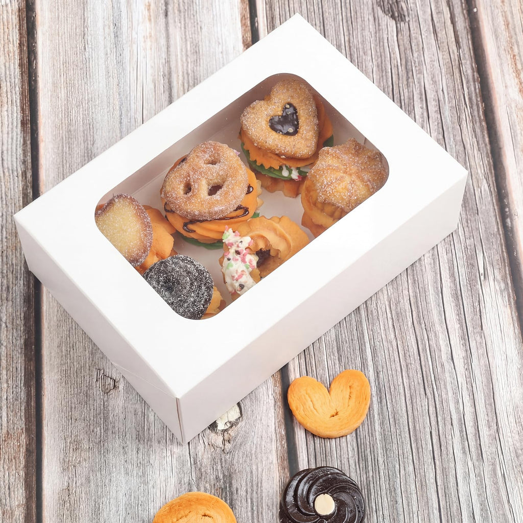 YEKTFS 24 Pack Cookie Boxes with Window, 9x6x3 Inch White Bakery Containers for Desserts, Candy, Muffins, Donuts, Chocolate Covered Strawberries & Gift Giving