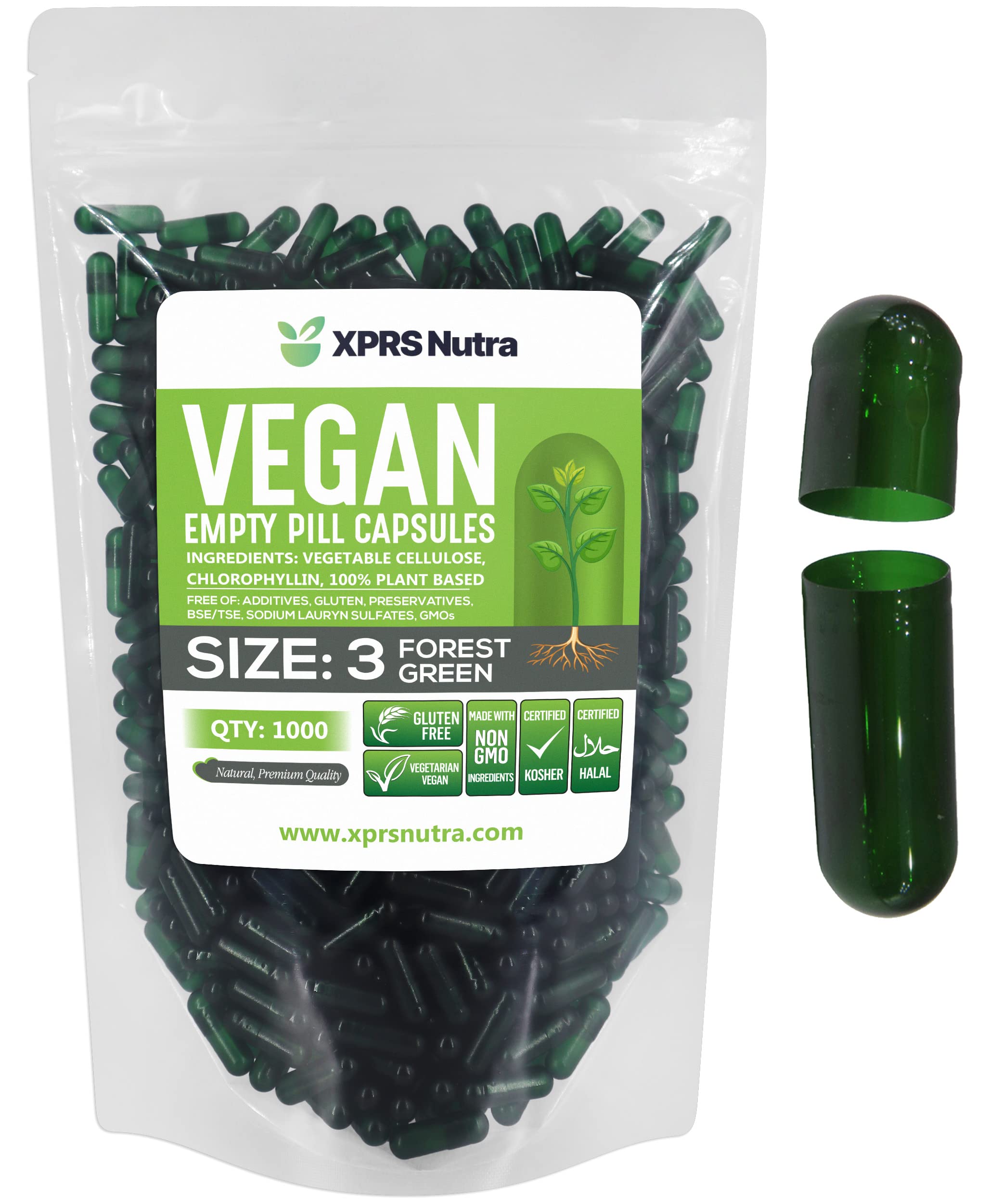 XPRS Nutra Size 3 Empty Capsules - 1000 Count Empty Vegan - Vegetarian Empty Pill Capsules - DIY Vegetable Capsule Filling - Veggie Pill Caps (Forest Green)