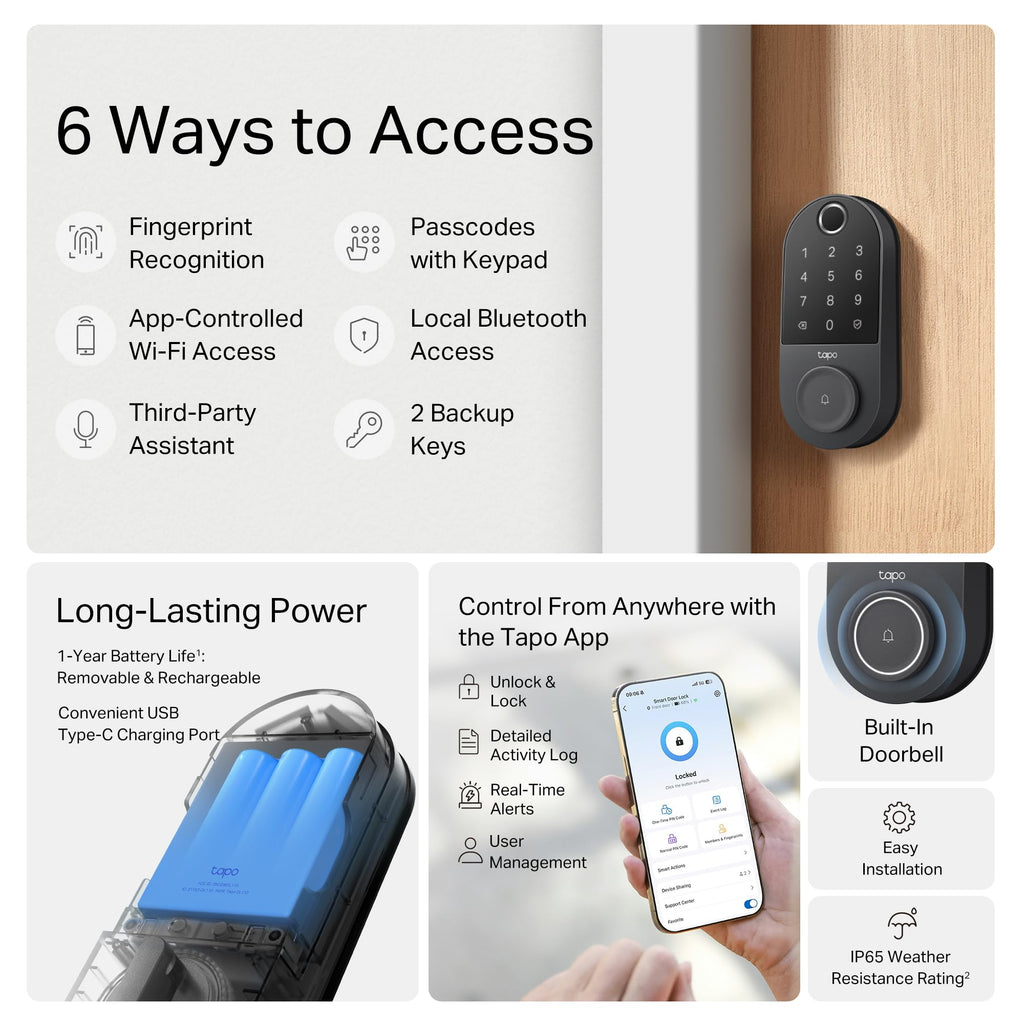 Tapo Smart Wi-Fi Door Lock, Deadbolt | Keyless Entry, Fingerprint Recognition, Touchscreen Keypad & in-App Monitoring with Scheduled Access|1-Year Rechargeable Battery | BHMA Grade 2 | DL110