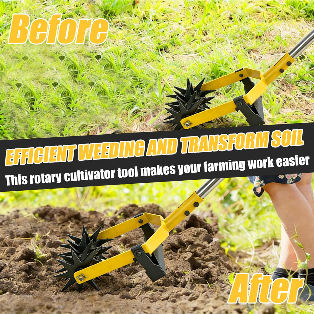 2-in-1 Garden Rotary Cultivator Tool Adjustable Handle Lawn Tools Hand Rotary Tiller for Loosening Soil and Lawn Care, Reseeding Grass, Weeder, Soil Mixing, Manual Yard Tiller