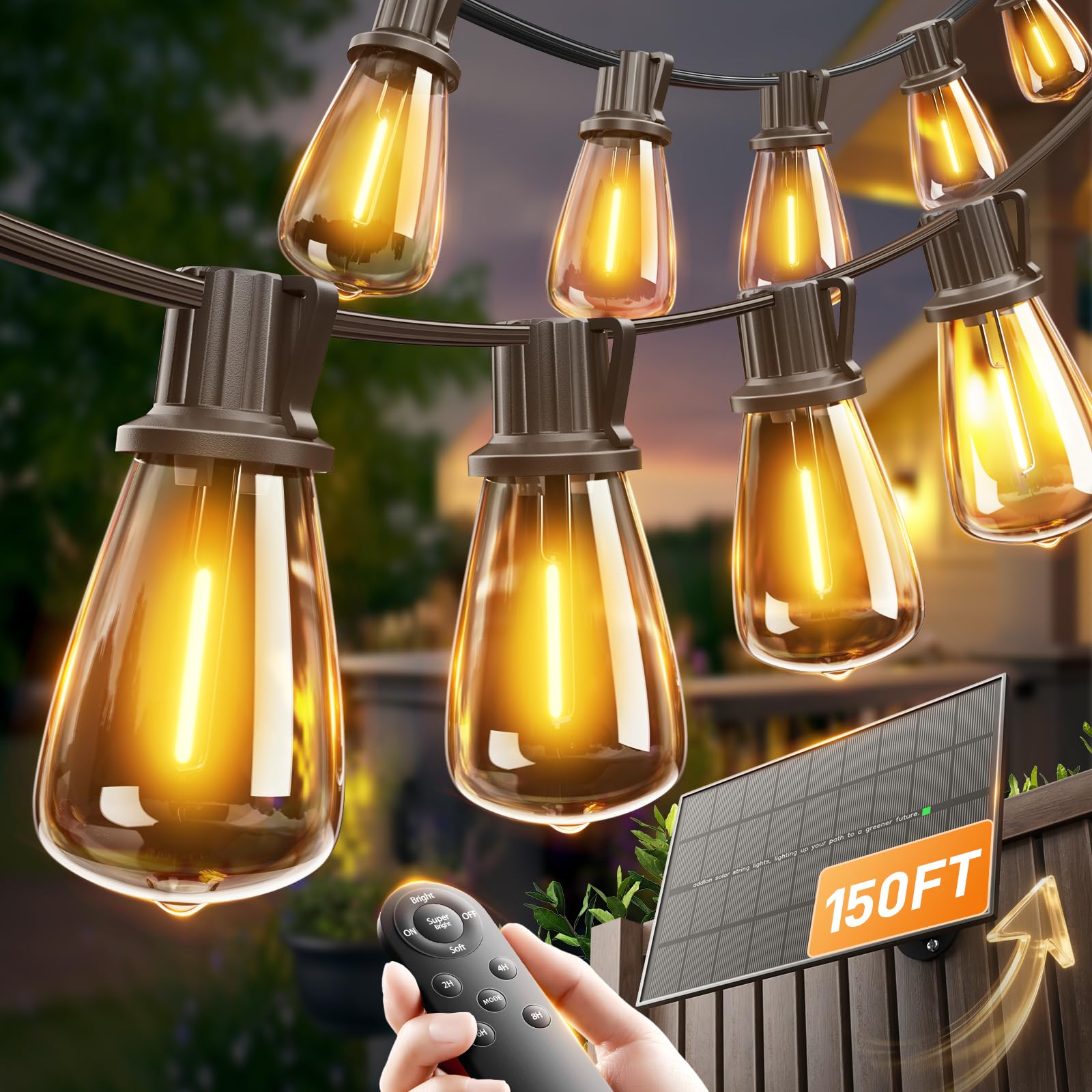 addlon 150FT(144+6) Solar String Lights Outdoor with Remote, Long-Lasting Waterproof Patio Lights, Dimmable & Timable Hanging Solar Light with 45 LED Bulbs for Outside, Yard, Garden, Camping, Gazebo