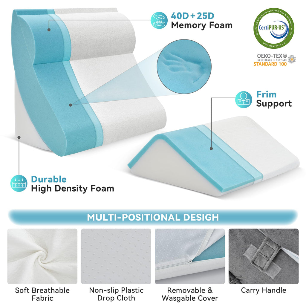 Kingfun 4PCS Orthopedic Bed Wedge Pillow Set for Headboard, Post Surgery Memory Foam Support Pillows for Back, Neck and Leg Pain Relief, Adjustable Triangle Pillow - Acid Reflux, Anti Snoring & GERD
