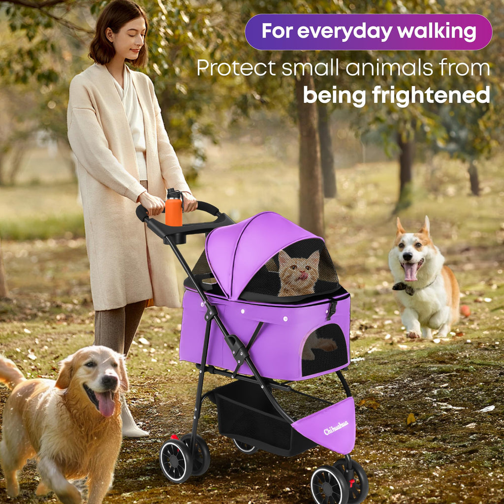 Pet Stroller,Dog Stroller for Small Medium Dogs Cats,3 Wheels,Foldable,with Breathable Mesh Canopy,Cup Holders,Easy Assembly,Purple