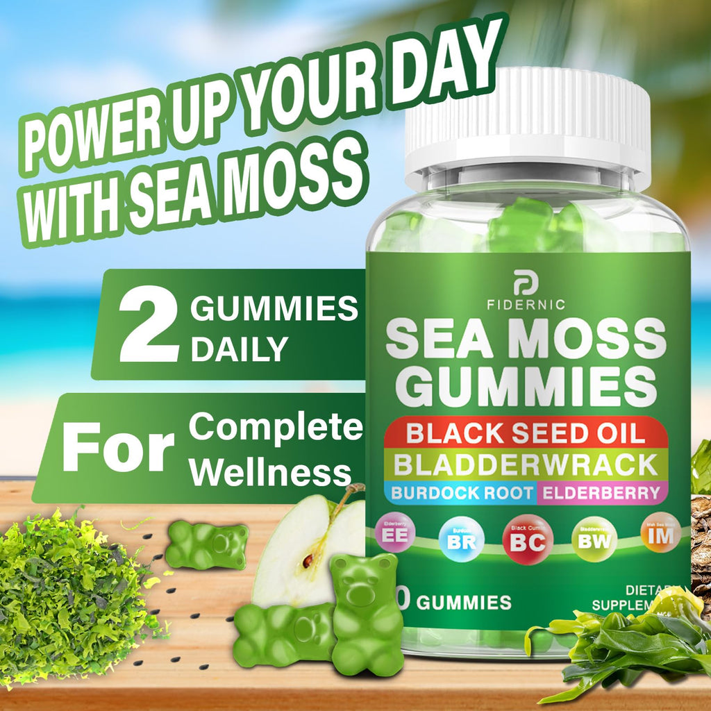 Sea Moss Gummies – Irish Sea Moss with Elderberry & Black Seed Oil, Bladderwrack, Burdock Root for Immune & Detox Support, Vegan Green Apple Flavor Gummies for Adults, Kids, Men, Women - 120 Gummies