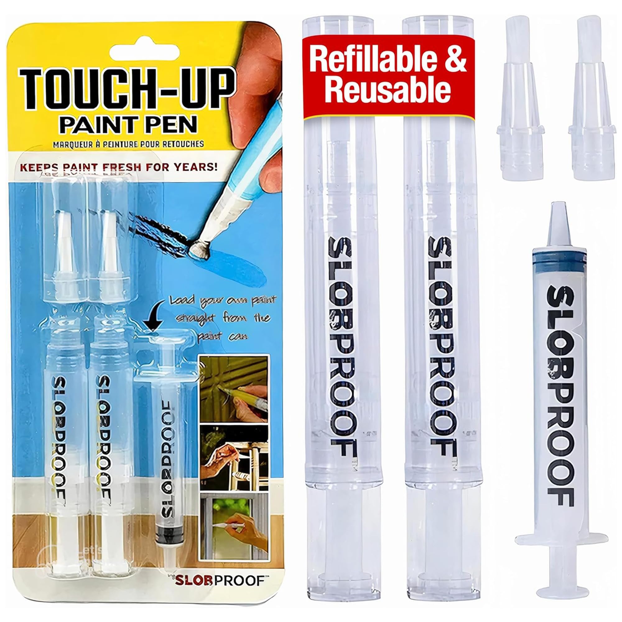 Slobproof Refillable Touch-Up Paint Pen, Mess-Free, Reusable Wall Paint Repair Tool, Precise Application, DIY Home Improvement, Furniture, Arts and Crafts, Patented Design, Easy Storage, Pack of 2