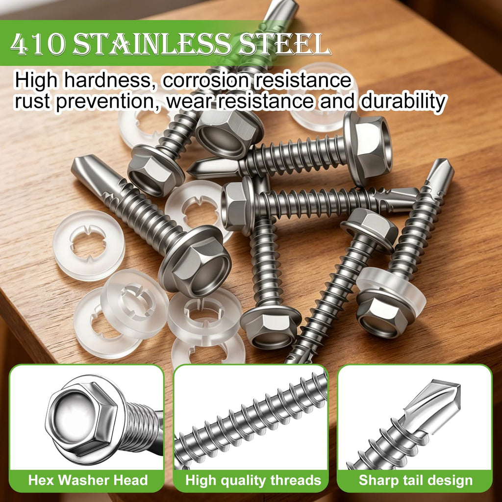 mxuteuk 310PCS #8×1" Self Tapping Screws,410 Stainless Steel Self Drilling Screws,Hex Washer Head Sheet Metal Screws with Rubber Washers for Metal,Plastic,Wood(155Set)