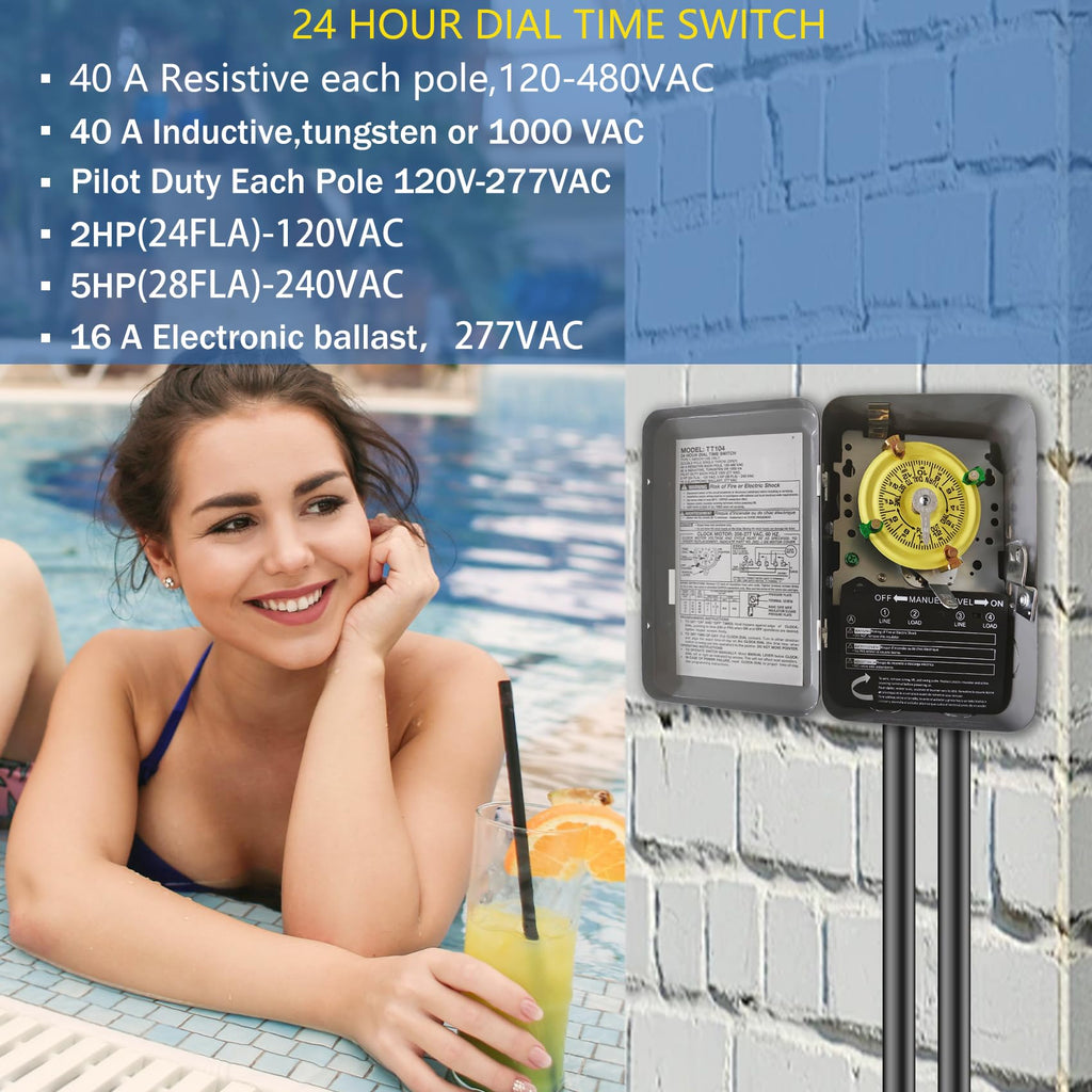 T104 Mechanical Timer Switch, 208–277 VAC 40 Amp,Pool Pump Switch, 24 Hour 12 ON/Off for Pump, Heavy Duty Pool Timers Outdoor, Timer for Lights HVAC Systems, 5 Years Warranty