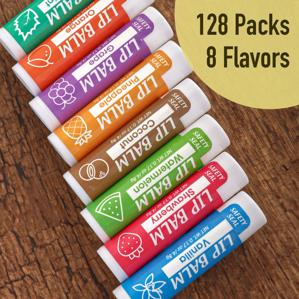 YesBes 128 Pack Lip Balm, Natural Lip Balm Bulk with Vitamin E and Coconut Oil, Moisturizing Lip Balms for Dry Cracked Lips, Lip Balms for Valentines Gifts Stocking Stuffers - 8 Flavors