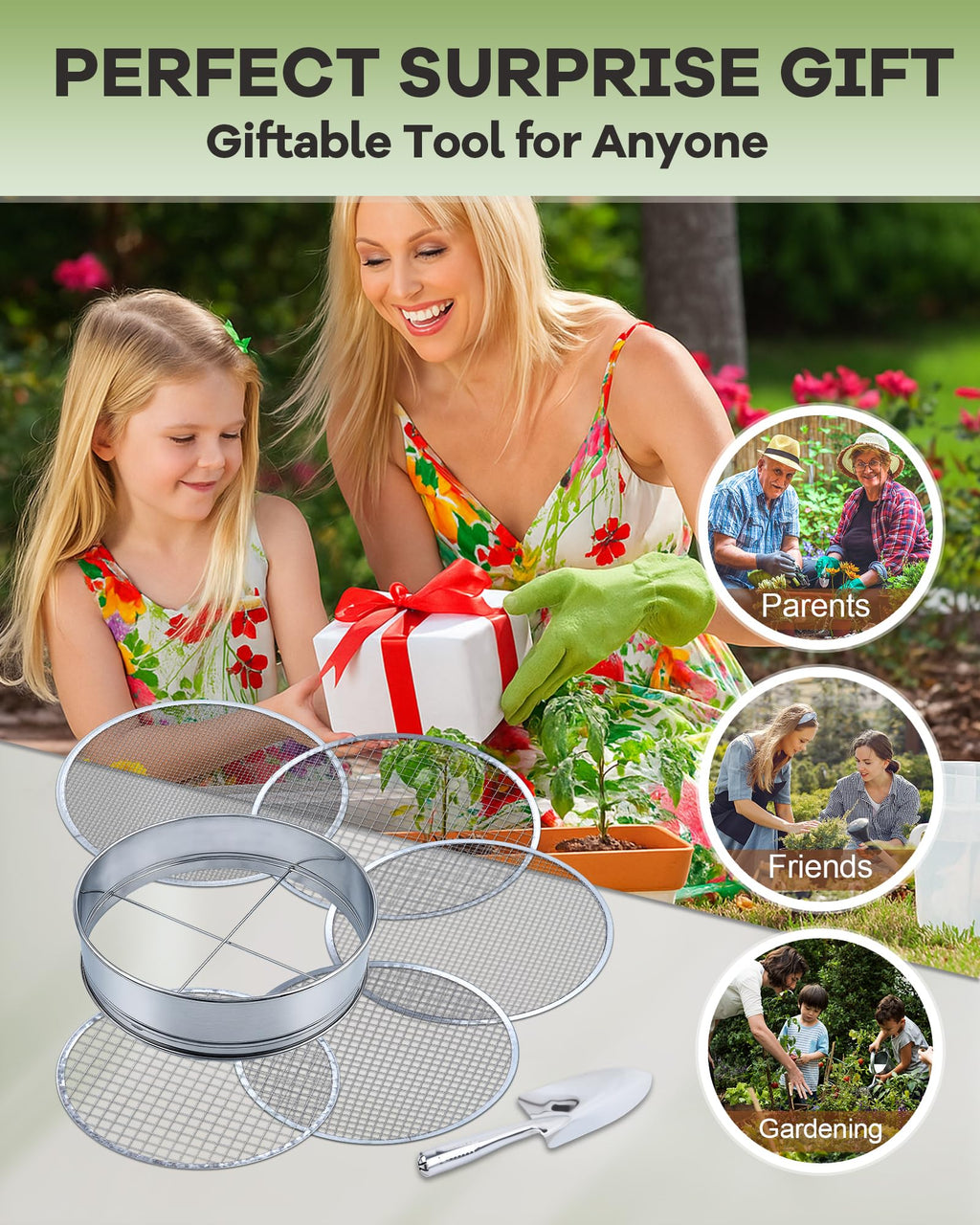 HIPULX 5-in-1 Soil Sifter Set with 5 Replaceable Stainless Steel Mesh Screen & Shovel (1/8" to 1/2"), Soil Sifter for Soils, Compost, Bonsai, Cat Litter and More（11-5/8" Diameter）