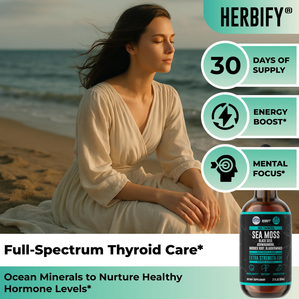 Thyroid Support Supplement with Sea Moss, Bladderwrack, Ashwagandha, Black Seed & Burdock Root - Natural Iodine for Healthy Thyroid Function, Energy & Metabolism - Grape Flavor, 2 Fl Oz, Made in USA