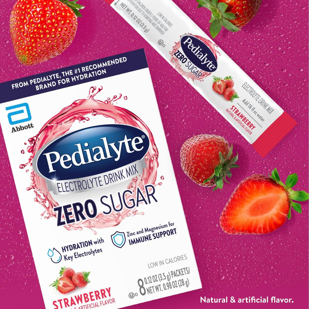 Pedialyte Electrolyte Drink Mix with Zero Sugar | Hydration with Key Electrolytes | Great Hydration Low in Calories | Strawberry, 24 Powder Packets