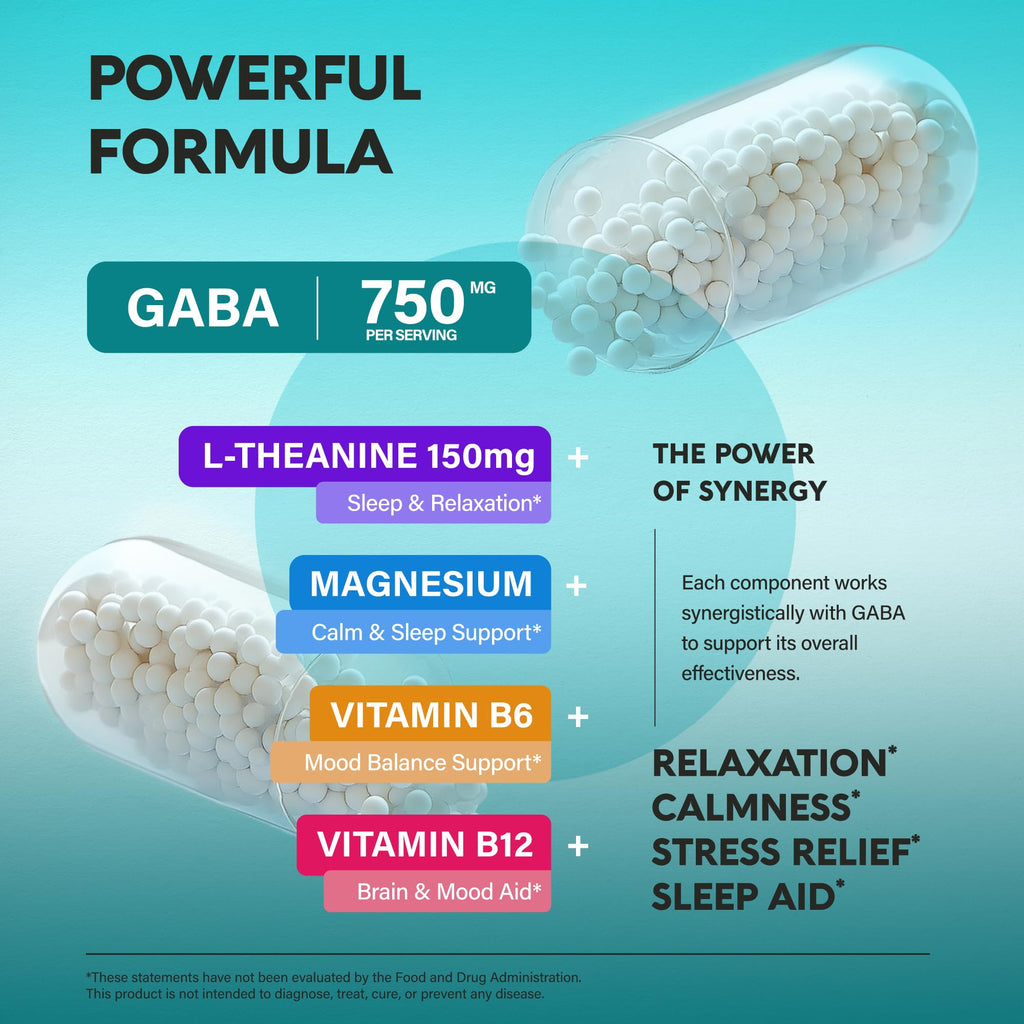 GABA L-Theanine 900 mg - Magnesium | Vitamin B6 - Calm, Sleep, Relaxation & Mood Support - Lab Tested - 750 mg Gamma AminoButyric Acid, 150 mg L-Theanine - Non-Habit Forming, Vegan - 240 Capsules