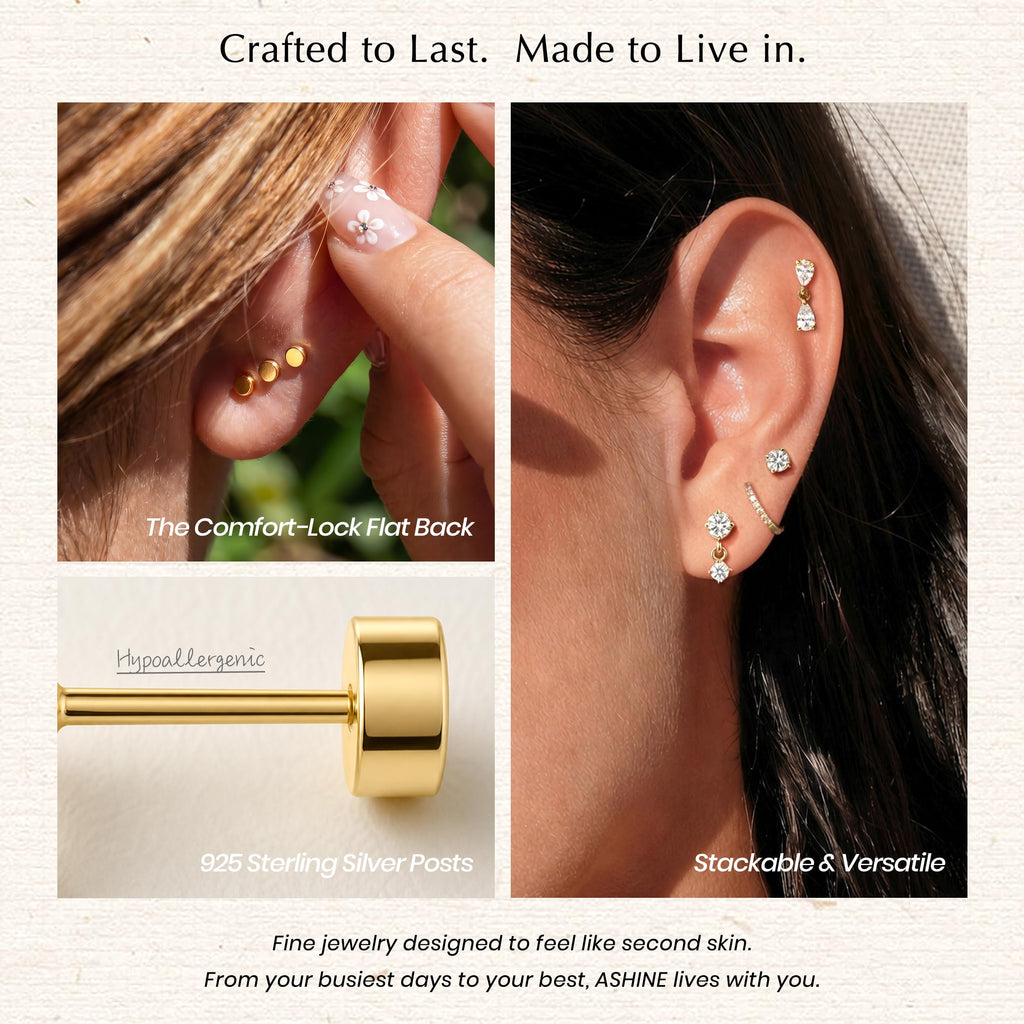 ASHINE 14K Gold Plated Dangle Flat Back Stud Earrings, Sterling Silver Posts Hypoallergenic Tragus Helix Piercing Jewelry, Gold Stud Tragus Cartilage Earrings for Women (Round Gold)